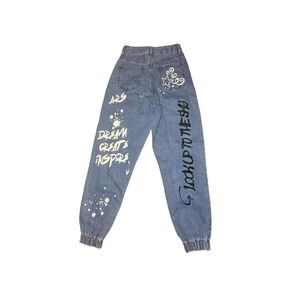 S.O.N.G Joggers Women Sz 00 / 23 Graffiti Print Ultra Hi-‎ Rise Baggy Blue Denim